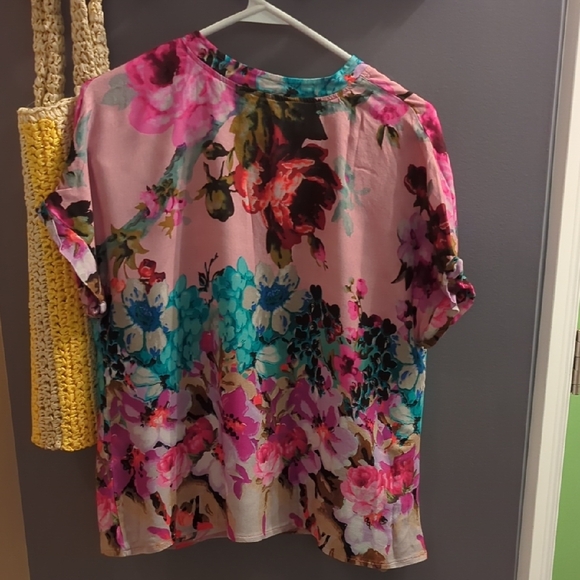 Desigual Pink and Blue V-Neck Blouse with cuffed sleeves - Picture 3 of 4